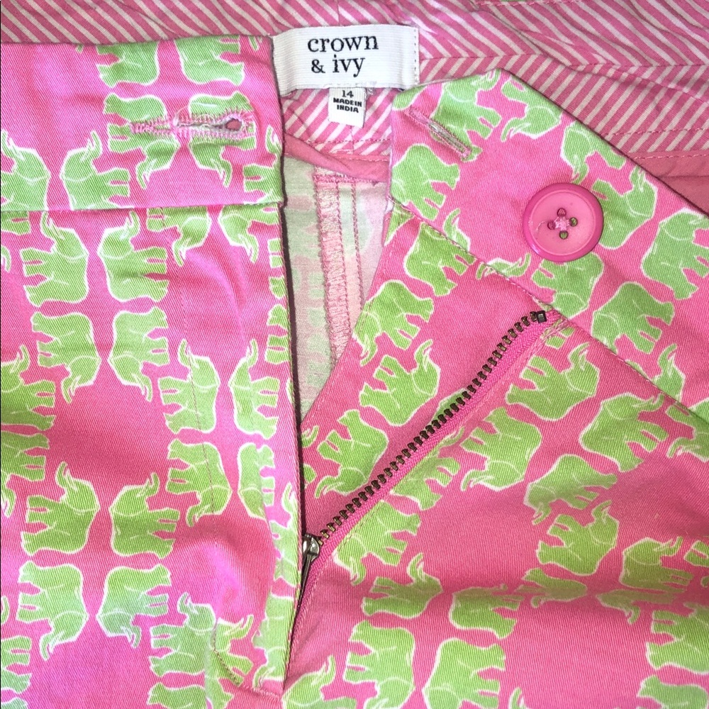 CROWN & IVY Women’s Cotton Elephant Motif Preppy Pink and Green Shorts Size 14